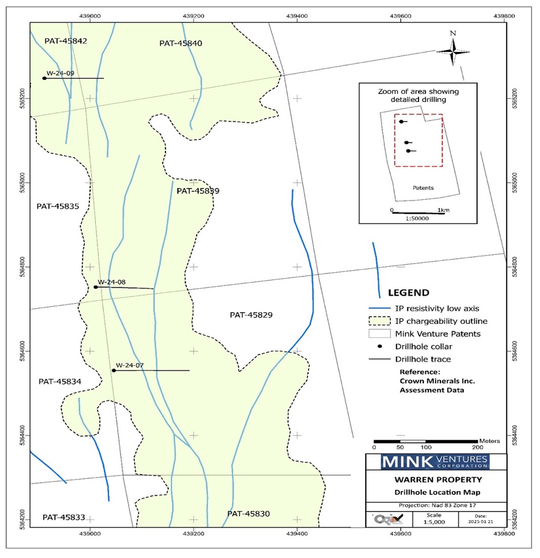 Drill Hole Location with IP Chargeability Outline and Blue Resistivity Low Axis