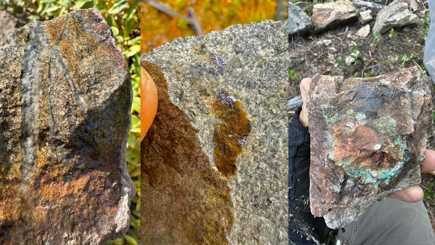 Left: Early quartz veinlets in K-spar altered granite. Center: Coarse molybdenite crystals along fractures. Right: Traces of chalcopyrite with malachite and Mn-oxides in granite float.