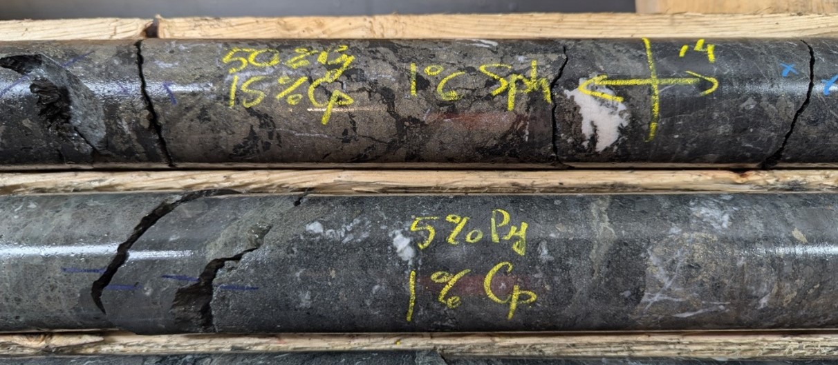 Semi-massive pyrite and chalcopyrite within a hyaloclastite rich basalt from 204.1-204.4m in VB24-005.