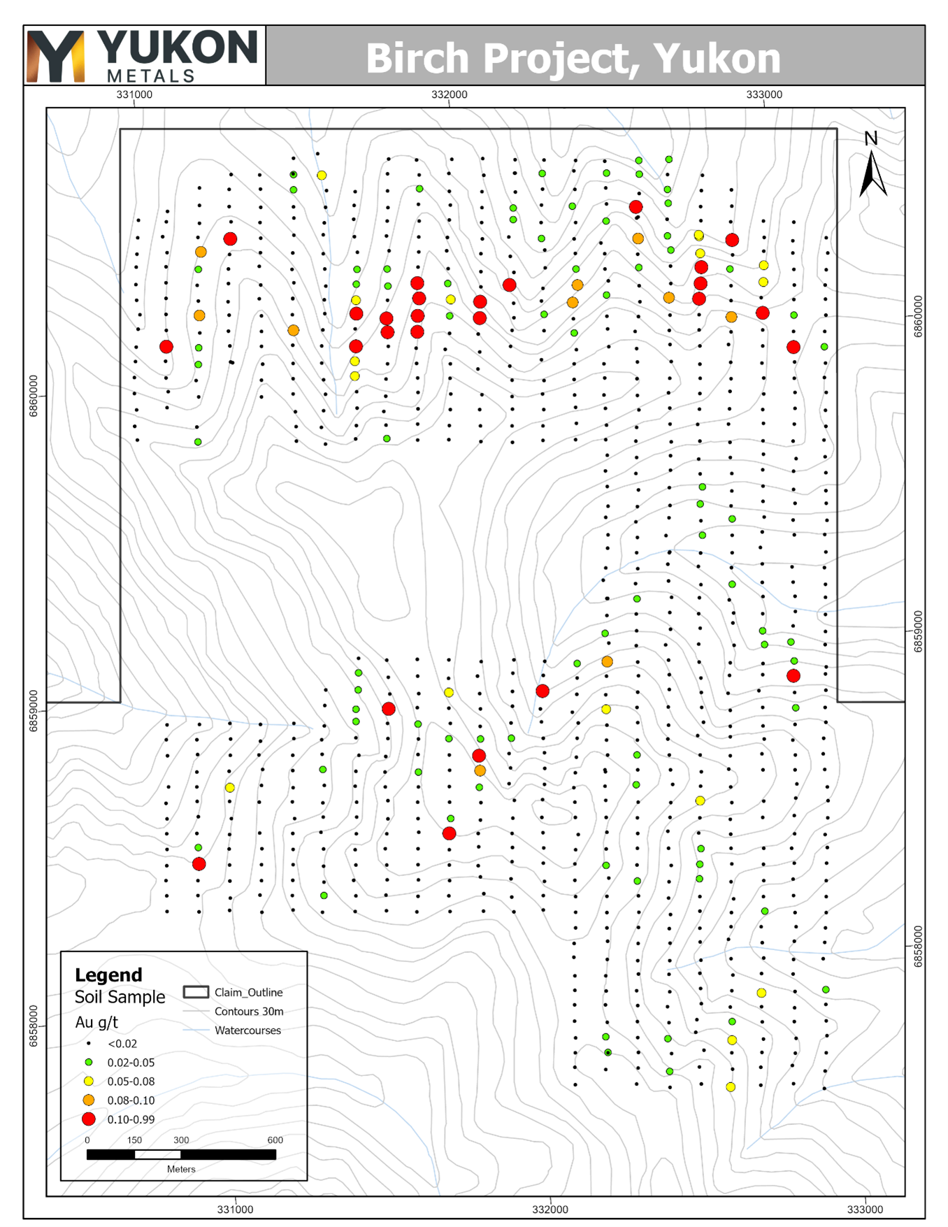 Gold-in-soils at Birch 50m x 100m grid.