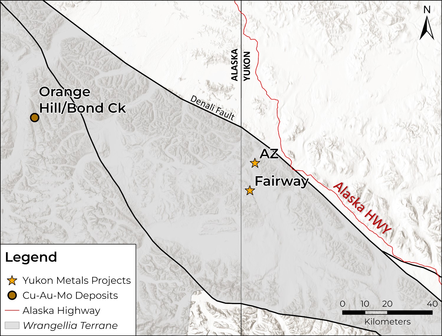 AZ property in relation to Wrangellia Terrane rocks and Orange Hill/ Bond Creek Historical Deposits.